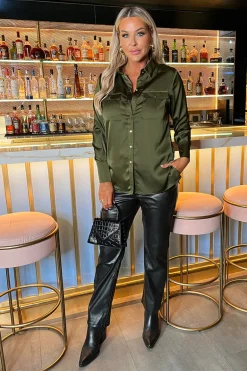 Olive Satin Long Sleeve Gold Button Shirt