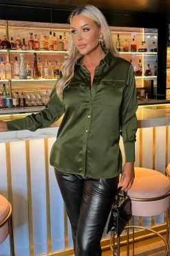 Olive Satin Long Sleeve Gold Button Shirt