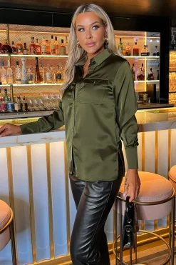 Olive Satin Long Sleeve Gold Button Shirt