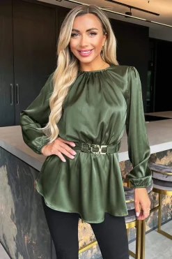 Olive Satin Long Sleeve Gold Detail Belt Top