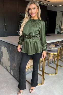 Olive Satin Long Sleeve Gold Detail Belt Top