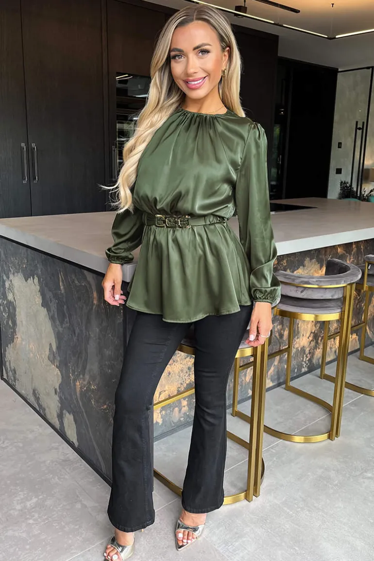 Olive Satin Long Sleeve Gold Detail Belt Top
