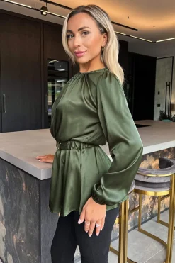 Olive Satin Long Sleeve Gold Detail Belt Top