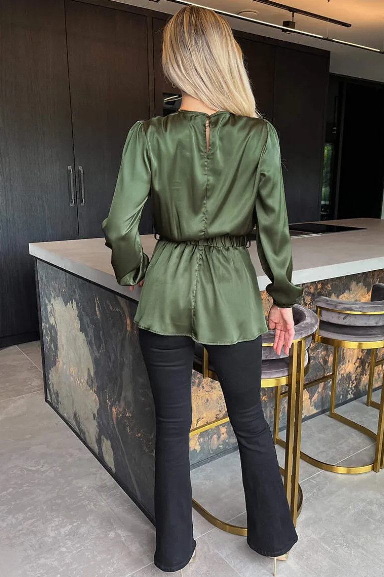 Olive Satin Long Sleeve Gold Detail Belt Top