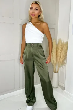 Olive Satin Straight Leg Cargo Pants