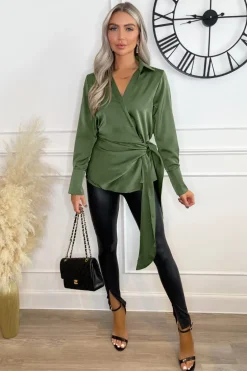 Olive Satin Tie Waist Wrap Shirt