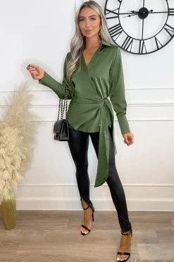 Olive Satin Tie Waist Wrap Shirt