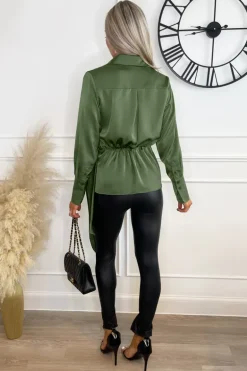 Olive Satin Tie Waist Wrap Shirt