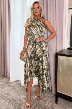 Olive Snake Print Racer Neck Zig Zag Hem Pleated Midi Dress