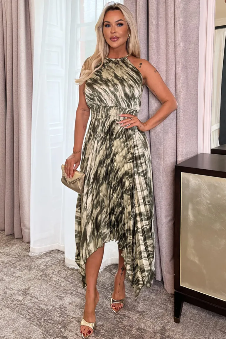 Olive Snake Print Racer Neck Zig Zag Hem Pleated Midi Dress