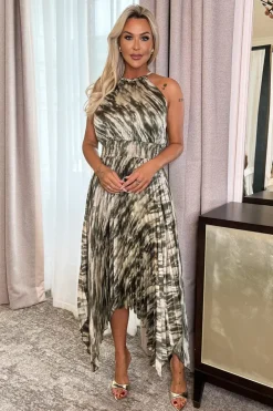 Olive Snake Print Racer Neck Zig Zag Hem Pleated Midi Dress