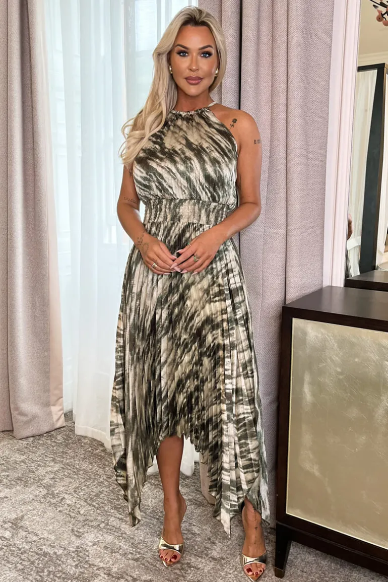 Olive Snake Print Racer Neck Zig Zag Hem Pleated Midi Dress