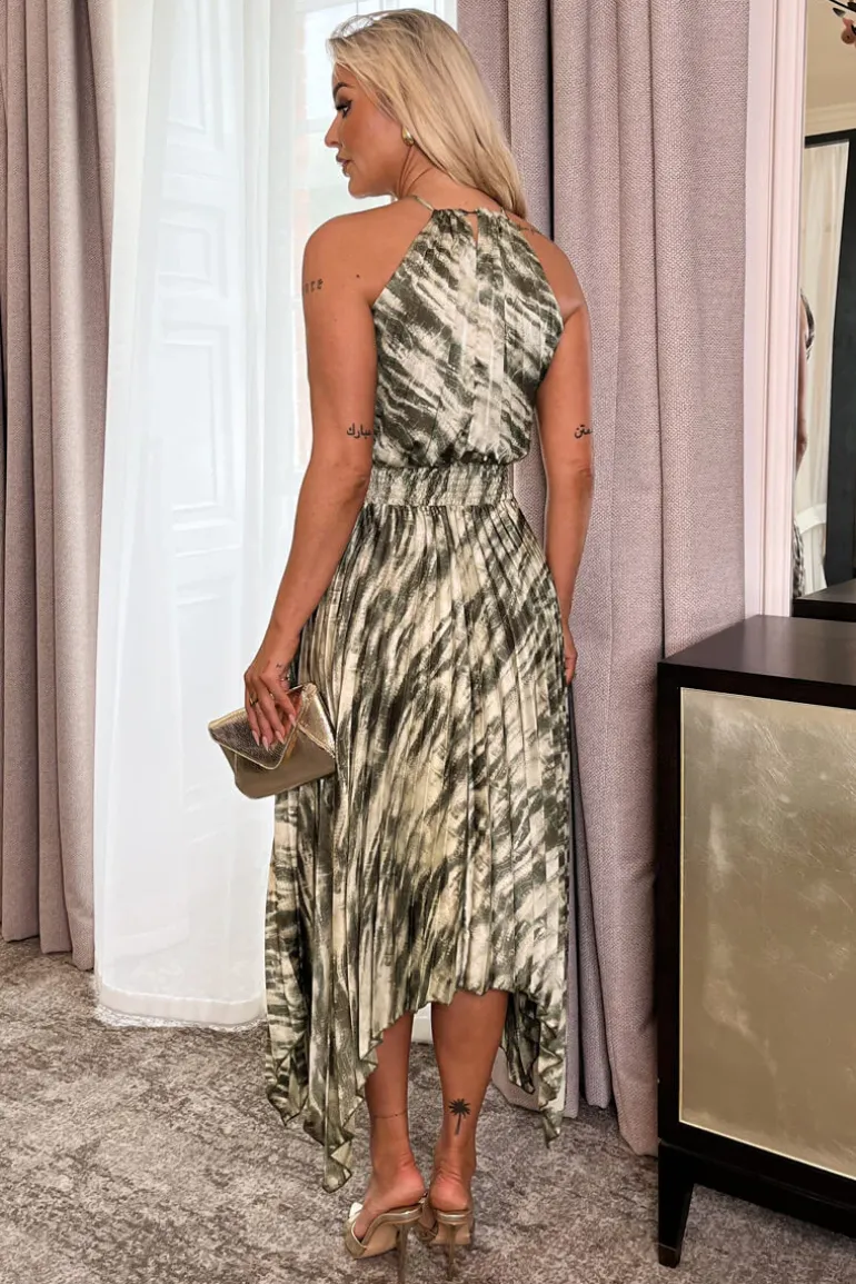 Olive Snake Print Racer Neck Zig Zag Hem Pleated Midi Dress