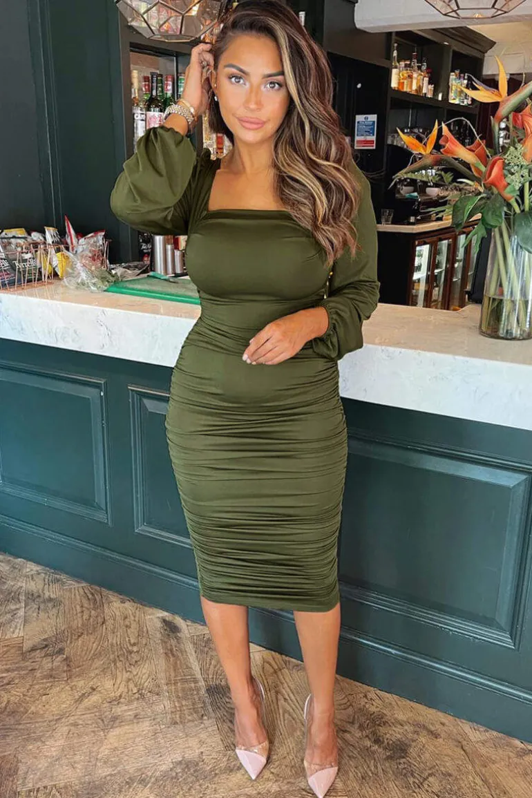 Olive Square Neck Ruched Midi Dress