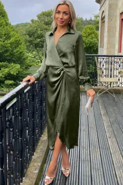 Olive Wrap Satin Shirt Midi Dress