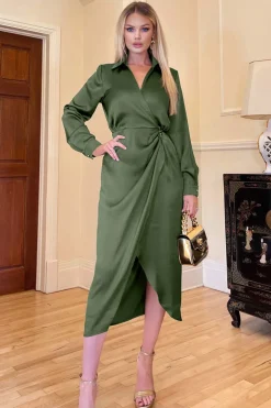 Olive Wrap Satin Shirt Midi Dress