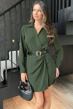 Olive Wrap Top Long Sleeve Belted Mini Dress