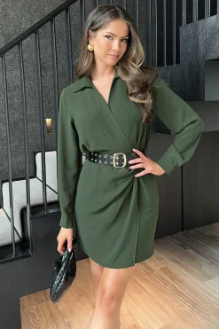 Olive Wrap Top Long Sleeve Belted Mini Dress