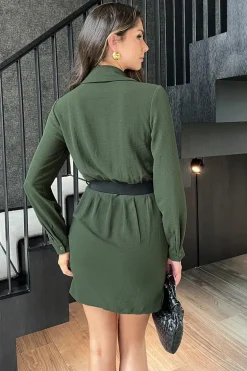 Olive Wrap Top Long Sleeve Belted Mini Dress