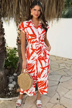 Orange And Cream Tropical Print Tie Waist Shirt Midi Dress