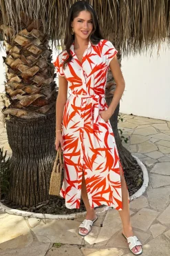 Orange And Cream Tropical Print Tie Waist Shirt Midi Dress