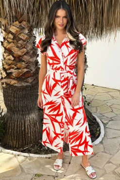 Orange And Cream Tropical Print Tie Waist Shirt Midi Dress