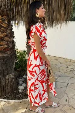 Orange And Cream Tropical Print Tie Waist Shirt Midi Dress