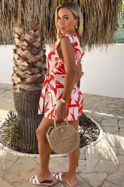 Orange And Cream Tropical Print Wrap Top Tie Waist Playsuit