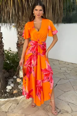 Orange And Pink Floral Print V Neck Cut Out Knot Detail Midi Dress