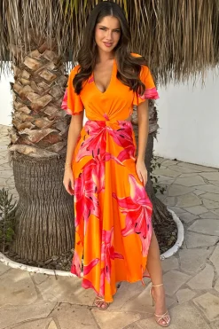 Orange And Pink Floral Print V Neck Cut Out Knot Detail Midi Dress