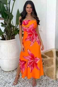 Orange And Pink Floral Print Strappy Slip Midi Dress
