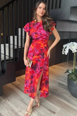 Orange And Purple Abstract Print Flutter Sleeve Midi Dress