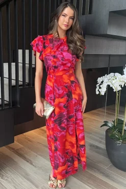 Orange And Purple Abstract Print Flutter Sleeve Midi Dress