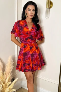 Orange And Purple Abstract Print Wrap Top Skater Mini Dress