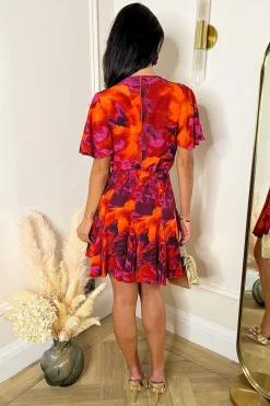 Orange And Purple Abstract Print Wrap Top Skater Mini Dress