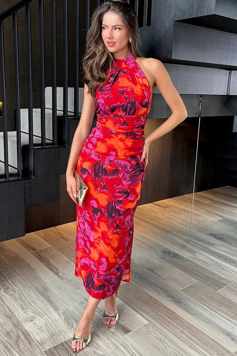 Orange And Purple Abstract Print Halter Neck Draped Waist Midi Dress