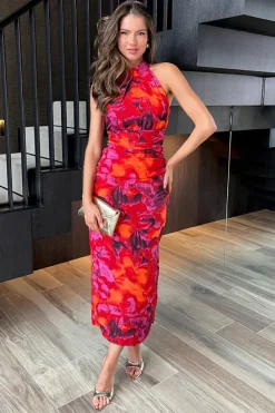 Orange And Purple Abstract Print Halter Neck Draped Waist Midi Dress