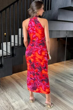 Orange And Purple Abstract Print Halter Neck Draped Waist Midi Dress
