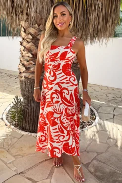 Orange And White Tropical Print Shirred Straps Button Detail Midi Dress