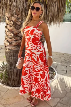 Orange And White Tropical Print Shirred Straps Button Detail Midi Dress