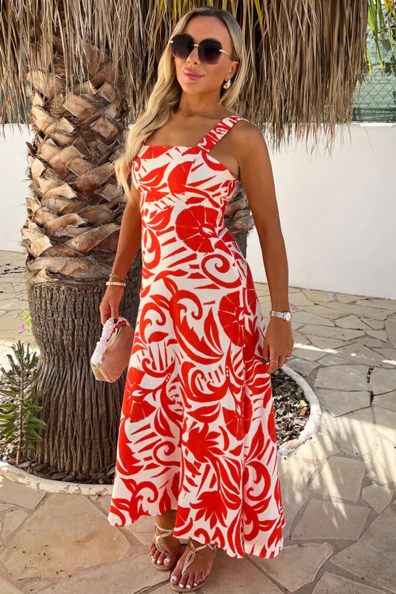 Orange And White Tropical Print Shirred Straps Button Detail Midi Dress