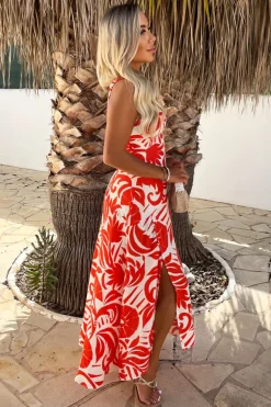 Orange And White Tropical Print Shirred Straps Button Detail Midi Dress