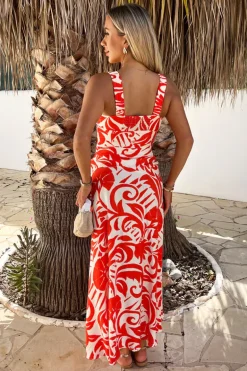 Orange And White Tropical Print Shirred Straps Button Detail Midi Dress