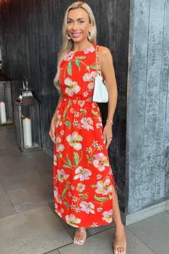Orange Floral Cut Out Waist Midi Dress