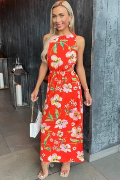 Orange Floral Cut Out Waist Midi Dress