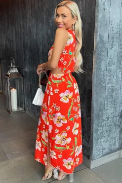 Orange Floral Cut Out Waist Midi Dress