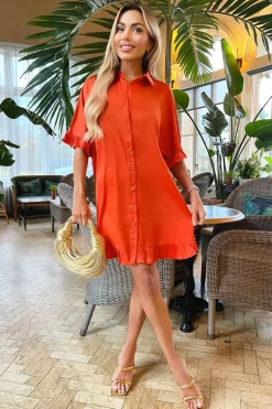 Orange Frill Detail Gold Button Front Shirt Dress