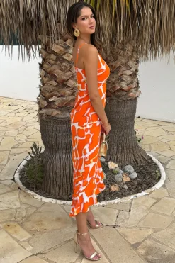 Orange Giraffe Print Racer Neck High Low Frill Hem Midi Dress