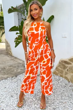 Orange Giraffe Print Strappy Racer Neck Jumpsuit