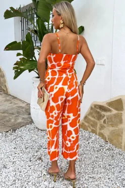 Orange Giraffe Print Strappy Racer Neck Jumpsuit